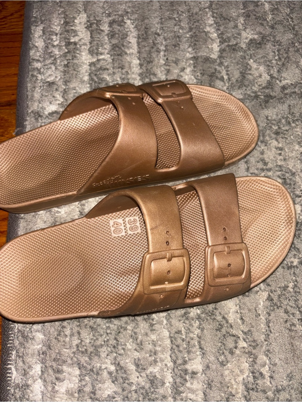 Bronze Double-Buckle Slide Sandals